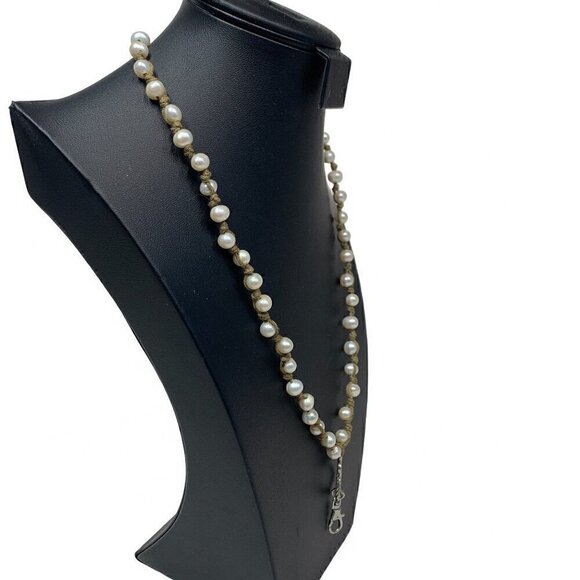 Genuine White Pearl Knotted ID Lanyard Necklace On Natural Fiber Cord 12"-18" - Picture 2 of 7